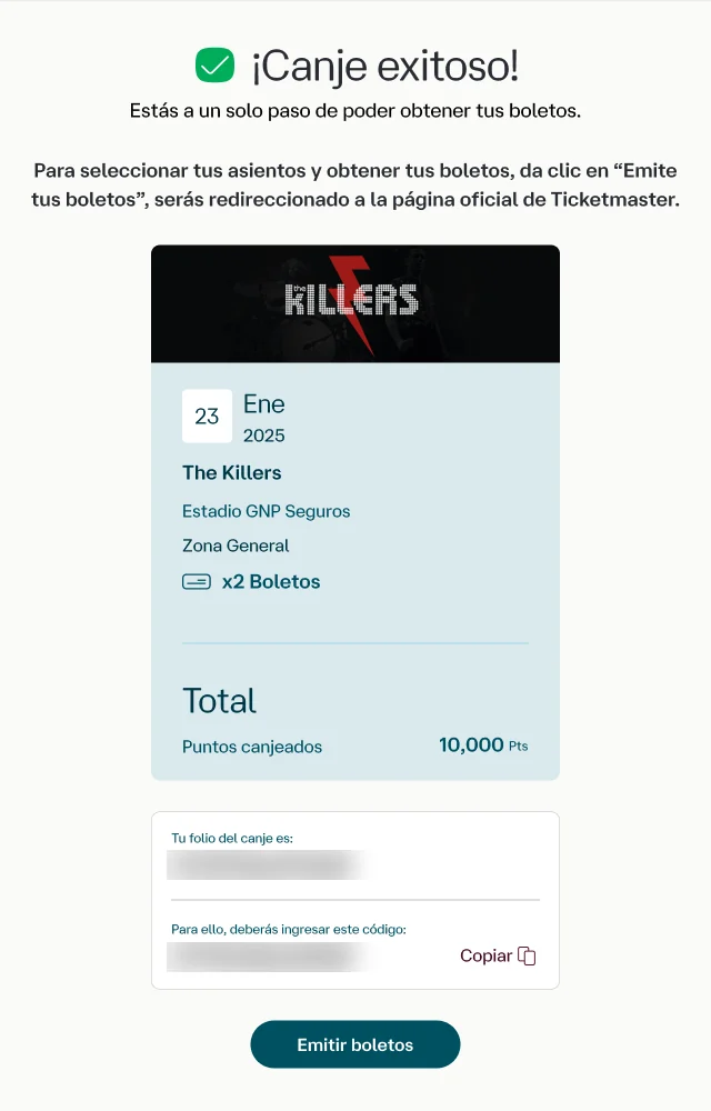 Conciertos Privados: confirmación de canje exitoso con los boletos y los puntos canjeados. El folio y el código aparecen difuminados.