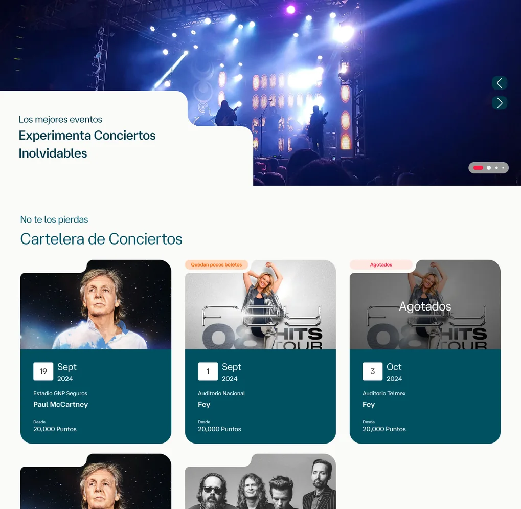 Conciertos Privados: cartelera con fechas, recintos y precio en puntos de cada concierto.