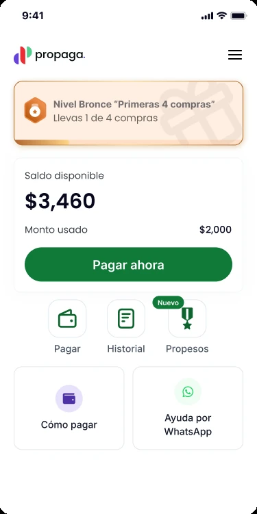 App de Propaga: el banner de Nivel Bronce muestra el avance,