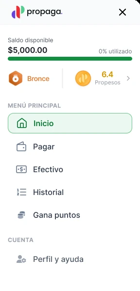 Menú de la app con el saldo disponible, el nivel Bronce y los Propesos acumulados.