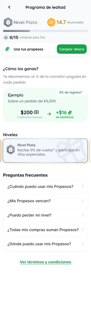 Pantalla del programa de lealtad: Nivel Plata, Propesos acumulados, avance hacia Oro, ejemplo de cómo se ganan y preguntas frecuentes.